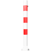 Barrier posts | Steel tube  76 x 2,6 mm | Foldable, with Euro profile cylinder lock | to be fixed by plugswith base plate 100 x 150 mm | hot-dip galvanized and white coatedwith three red reflecting stripes | with 2 eyelets